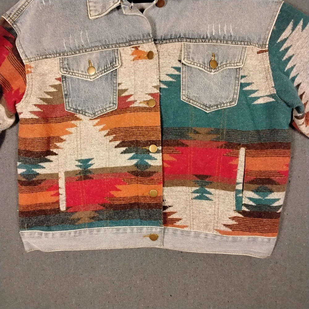 Polagram Womens M Southwestern Tapestry Denim Jacket Aztec Print Mixed Media - Picture 4 of 8